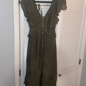 Army green maxi dress with wooden bead buttons and ruffle detail